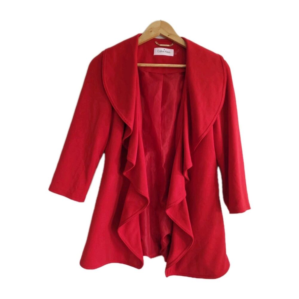 Calvin Klein Women's Red Ruffle Jacket Open Front Size 2